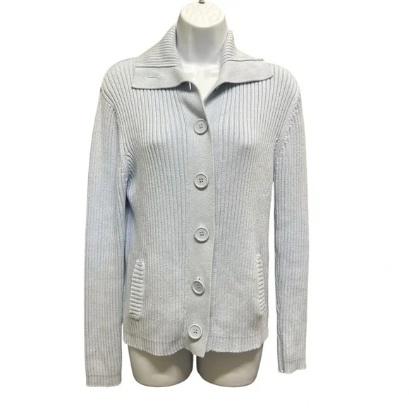 Vintage Cotton Ginny Ribbed Cardigan Pale Blue Size L - Picture 2 of 6